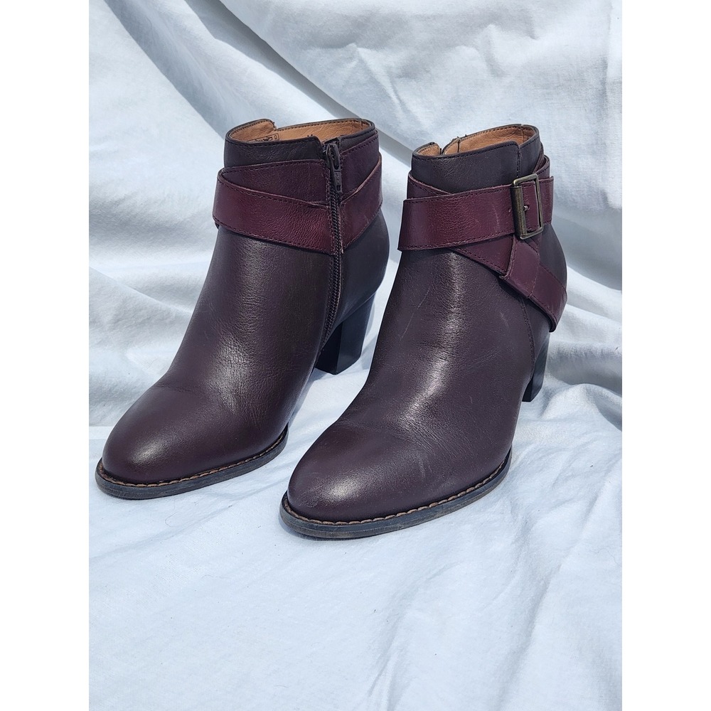Vionic Trinity Leather Ankle Boots Brown Burgundy Buckle Block Heel Size 6